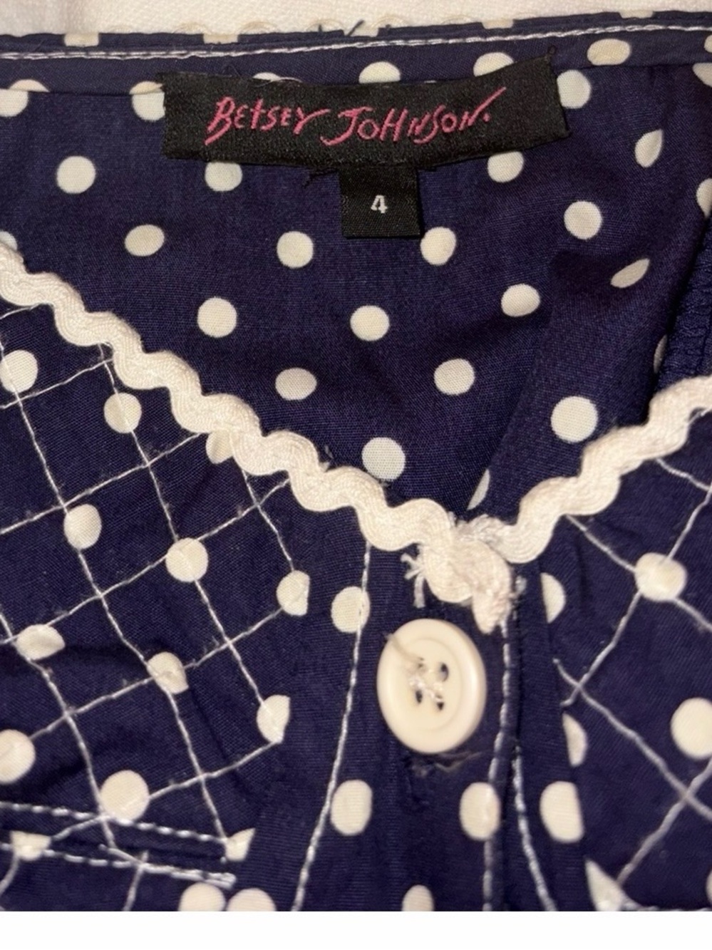Betsey Johnson Navy Polka Dot Midi Dress with White Trim - Picture 4 of 5